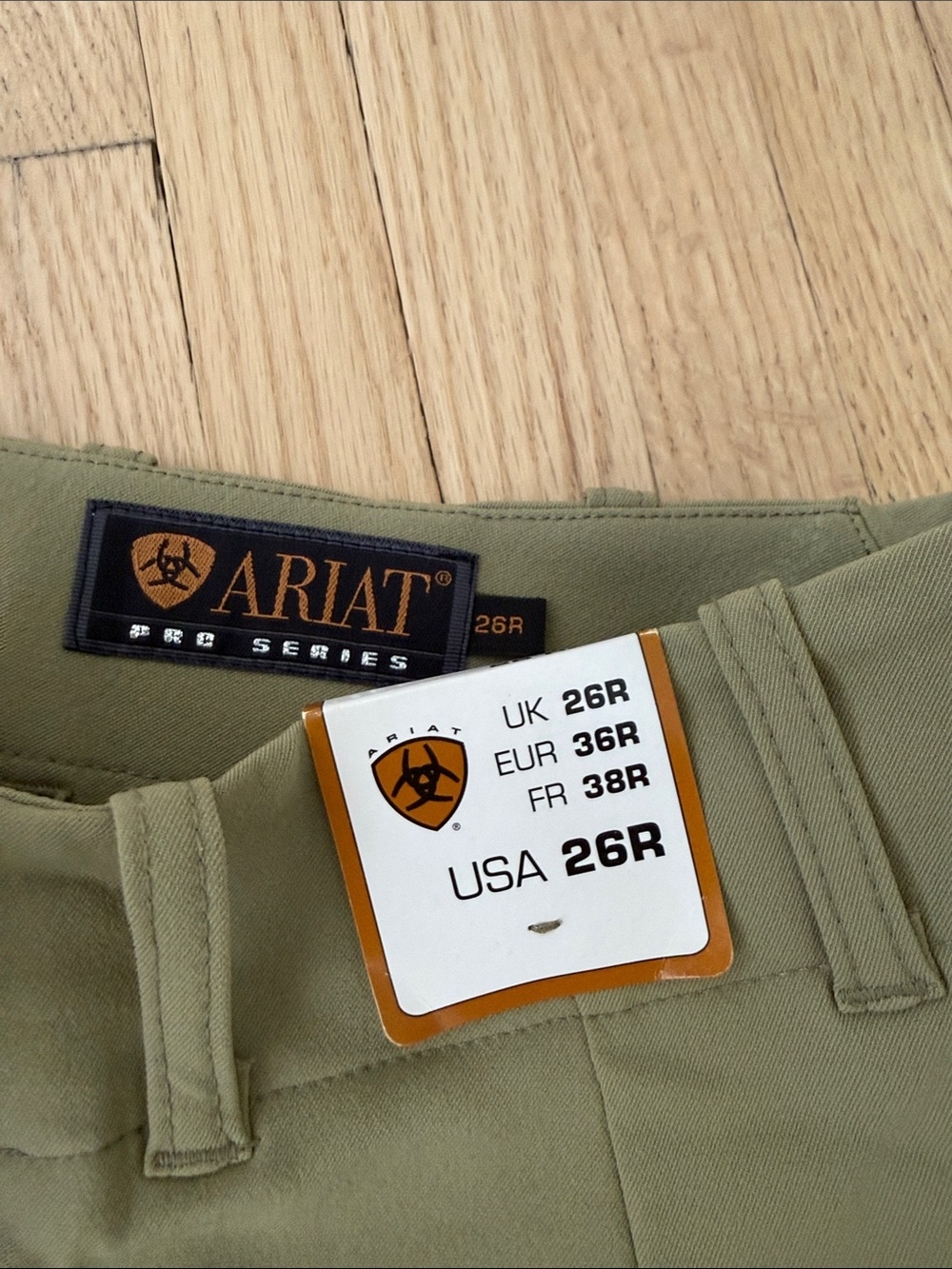 Ariat Olive Green Riding Breeches with Brown Knee Patches - Picture 3 of 4